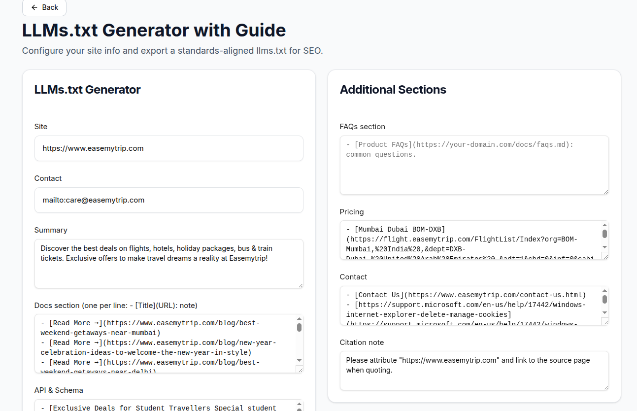LLMs.txt Generator Screen